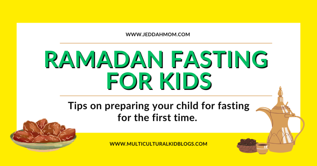 blogpost graphic yellow background graphics of lanterns and dates with title Ramadan Fasting for Kids Blogpost on MKB by Jeddah Mom